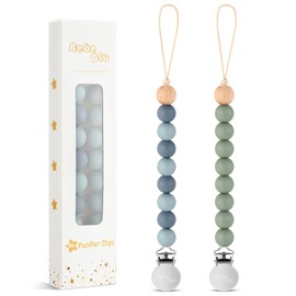 BebeBiu 2 Pack Pacifier Clips, Silicone Pacifier Clip for Baby Boys and Girls, Baby Pacifier Strap with Silicone Beads, Soother Dummy Holder, Pacifier Holder, Keeps Pacifier Clean (Beau/Sage)