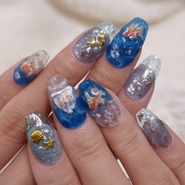 Goldfish and Sea Handmade Nail Tips - Short Ballerina / 금붕어와 바다 수제네일팁 - 숏발레리나