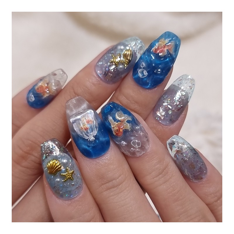 Goldfish and Sea Handmade Nail Tips - Short Ballerina /