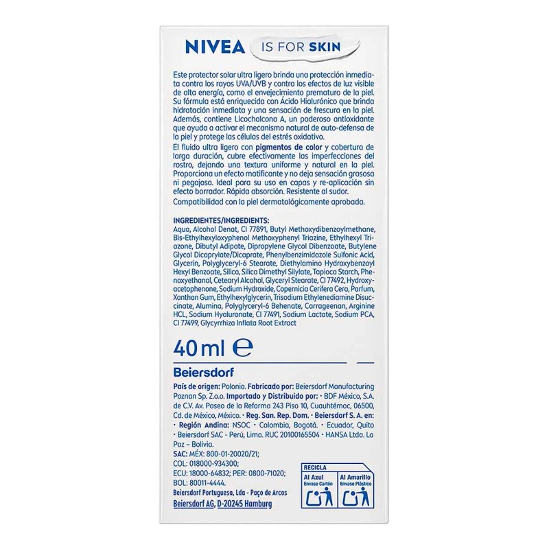 Protector Solar Facial Nivea Sun Fluido Diario Tono Claro Antioxidantes