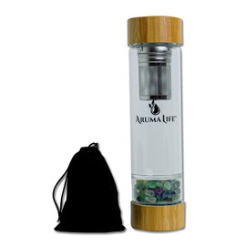 Aruma Life Crystal Water Bottle plus Loose-Leaf Tea/Fruit Infuser, Safe for Hot and Cold Drinks, Eco-friendly Plus BONUS Protective Sleeve & Extra Set of Crystals Coloured Fluorite & Yellow Jasper