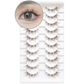 10 Pairs Brown Lashes Clear Band Brown Manga Lashes Japanese Anime Cosplay Brown Eyelashes Asian False Eyelashes Natural Look Like Individual Clusters(A02-Brown Cat Eye Lashes 8-13mm)