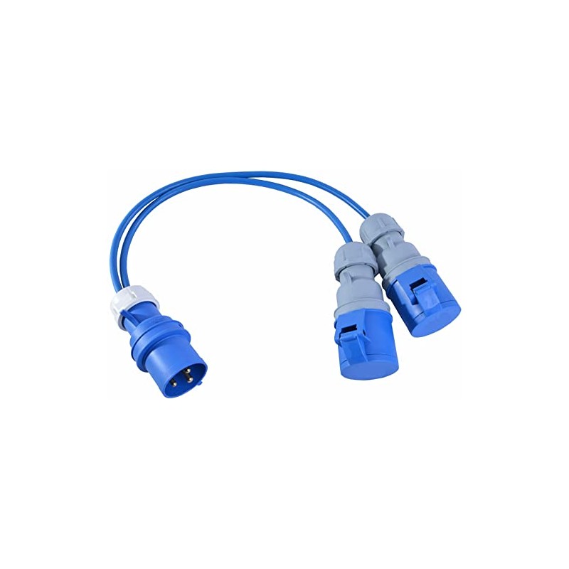 32A Plug to 2 x 16A Sockets. 2.5mm Arctic Blue