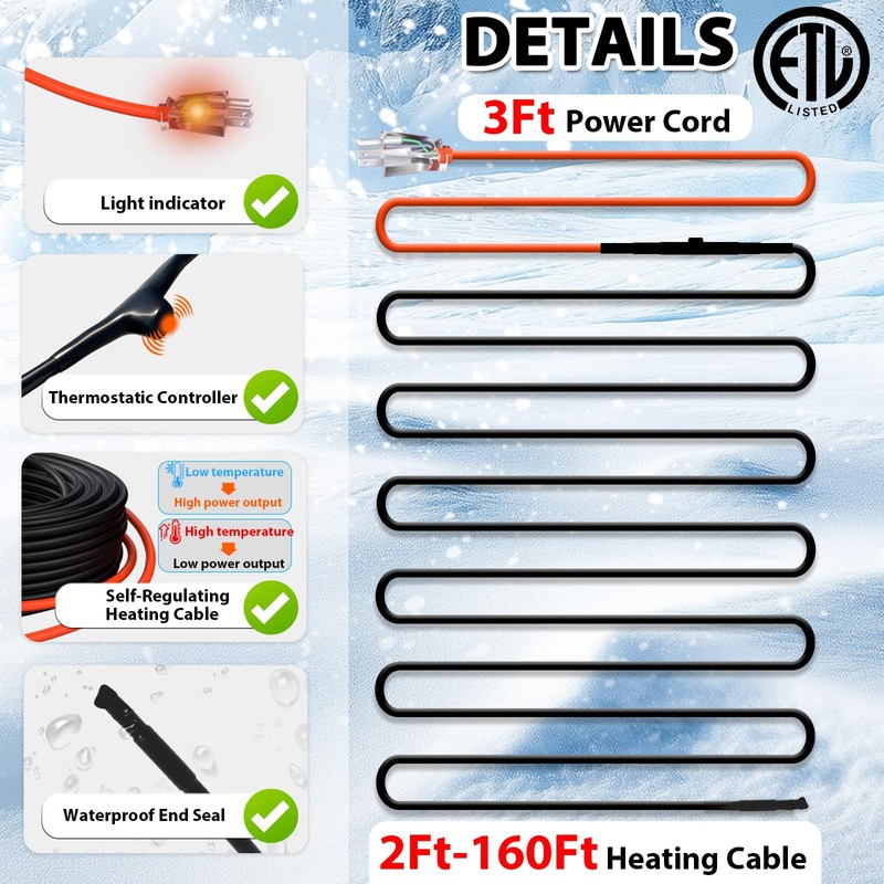 HEATIT 30ft Self-Regulating Pipe Heating Cable for Pipe Freeze Protection,