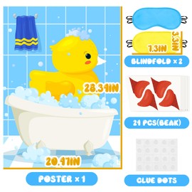 Pin the Beak On the Duck Game Cute Little Yellow Duck Poster with 24Pcs Stickers Blindfolds Bubble Bath Themed Entertaining Activity Party Decorations Supplies Wall Decor for Kids Birthday Baby Shower