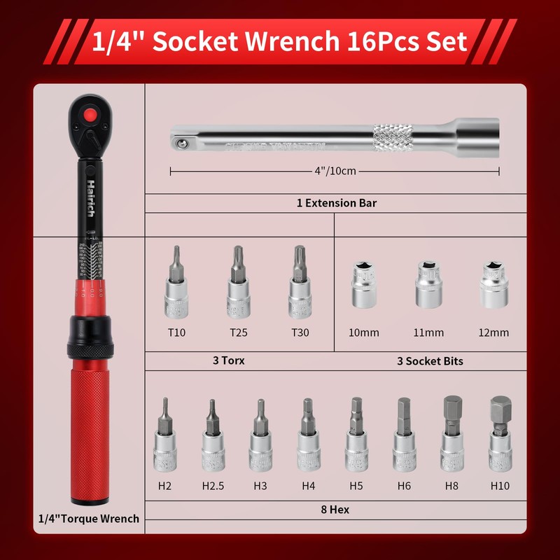 Hairich 1/4-Inch Drive Click Torque Wrench Set,2.3-24.9 N.M/20-220IN.LB, Bike Torque