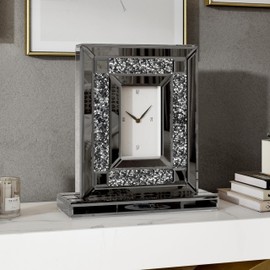 SHYFOY Decorative Table Clock, Desk Clock Mirrored with Black Crushed Diamond 13.2x11.8 Luxury Rectangular Clocks with Glass Beveled, Silent Silver Tabletop Clocks for Living Room Bedroom Office