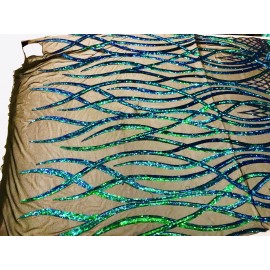 NEW CREATIONS FABRIC AND FOAM INC GREEN IRIDESCENT FLAME DESIGN WITH SEQUINS ON A 4 WAY STRETCH BLACK MESH-