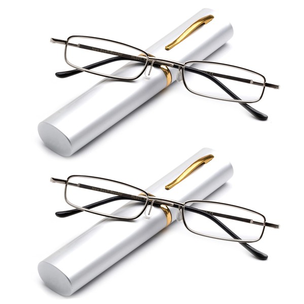 2 Packs Pocket Readers Ultra Slim Compact Tube Reading Glasses in Silver +1.50