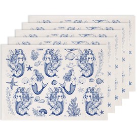 SUPERDANT 5PCS Mermaids Underglaze Transfers for Pottery Mermaids Transfer Stickers Ceramic Decals Blue Waterslide Underglaze Transfers Paper for Porcelain Overglaze Enamel Clay Decal 52x37cm