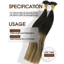 VINBAO U-Tip Keratin Bondings Real Hair Extensions 45 cm 50 g 50s Hot Fusion U Tip Extensions Balayage Black Ombre Medium Brown with Blonde Highlight 18 Inch U Tip #1B/4/27