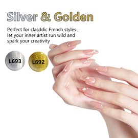 eodci 2pcs Metallic Gel Liner Nail Art Silver Bronze Gold Set, Nail Polish 10ml Build in Thin Brush Shine Soak Off UV/LED Manicure Gold and Silver Gel Liner Nail Art