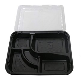 EquipmentBlvd Black Plastic 5 Compartment Japanese Bento Box Food Container with Clear Lid, TZ-306 (200 count)