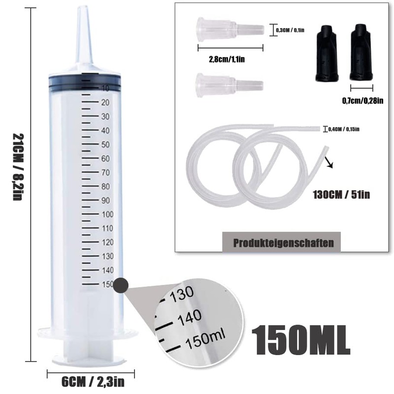 Plastic Syringe, 2 Pieces 150 ml Syringe Set with Hose,