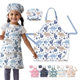 VITA ELEGANTE Kids Apron - With Pocket & Chef Hat - Resistant to Water, Oil, and Stain - Cute, Adjustable Toddler Apron - Perfect for Cooking, Baking, and Crafts kids kitchen Apron - White/Blue Dino