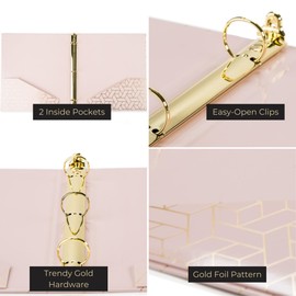 Pink Three Ring Binder 1 Inch - Fancy Aesthetic Binder with Gold Foil Geometric Design - Set of 2 Cute Binders for School, Office, College - Letter Size Decorative 3 Hole Binder - 3 Ring Pretty Binder