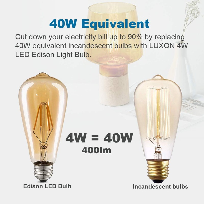 LUXON LED Edison Bulbs,Dimmable,4Watt(Equivalent 40W),2700K Warm White,ST64 Amber Glass Antique