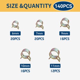 Quevaeco 140PCS Spring Hose Clamps Assortment Kit, 6–11mm Assorted Fuel Line Clips, 65Mn Steel Pipe Clamps for Air, Water, Silicone Hose (colored)