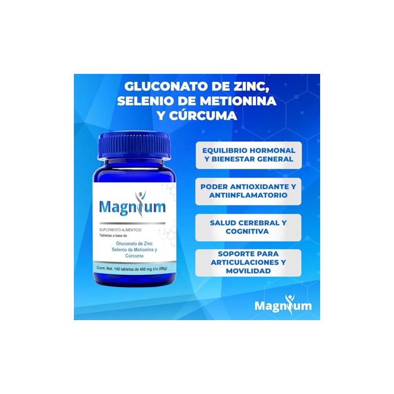 Selenio de Metionina, Gluconato de Zinc, Curcuma 140 Tabletas Magnium
