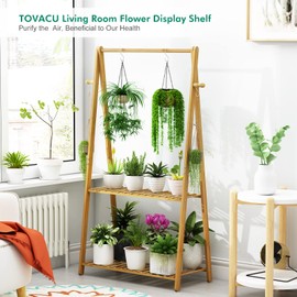 Tovacu Hanging Plant Shelf Indoor Outdoor Plant Stands Wood Flower Stand 2 Tiered Bamboo Plant Shelves Holder Rack for Patio Balcony Garden (Tall,50 inch)