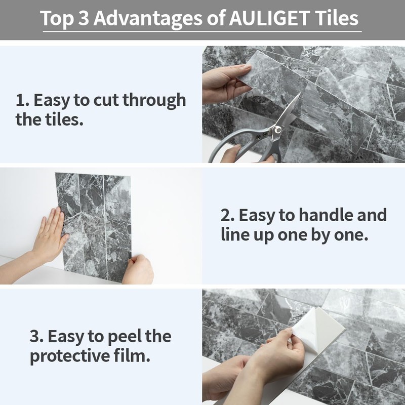 AULIGET 40-Piece Polished Grey Marble with Silver Peel and Stick