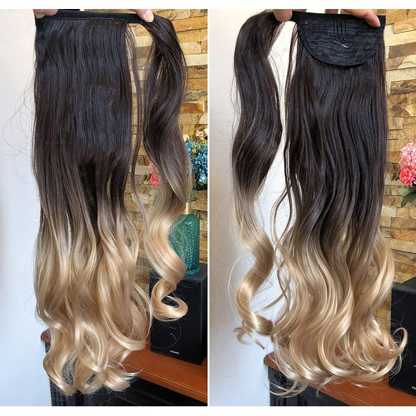 20" Synthetic Wavy Curly Ombre Wrap Around Ponytail Clip in Hair Extensions Hairpieces (dark brown/sandy blonde)