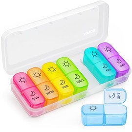 AUVON Weekly Pill Organizer 2 Times a Day in 7 Colors with Face-Up Labels for Easy Organization, Portable AM PM Pill Box 7 Day with Dual Protection Ke