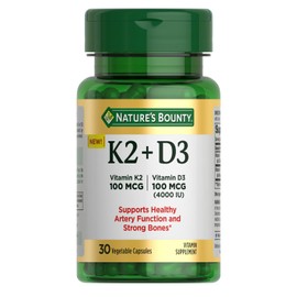 Nature’s Bounty Vitamin D3 K2 Supplement, 4000 IU Vitamin D3 plus 100 mcg of Vitamin K Supplements for Adults for Heart & Bone Health Support, 30 Day Supply, 30 Vegetarian Capsules