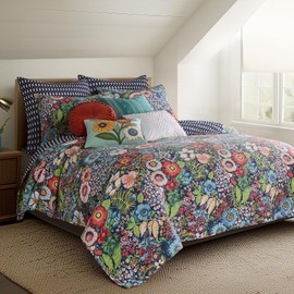 Levtex Home - Night Garden Quilt Set - Twin Quilt and One Standard Sham - Bold Floral - Navy Red Pink Green Ochre White - Quilt (68x86in.) and Sham (20x26in.) - Reversible - Rayon/Cotton