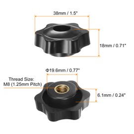 sourcing map 6pcs Star Knobs M8 Female Thread 38mm 6-Point Plastic Head Brass Insert Through Hole Screw-in Threaded Hand Knob Clamping Handle, Black
