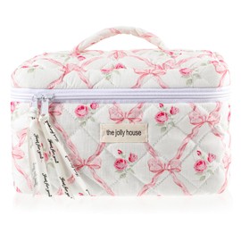 Ymapinc Double Layer Makeup Bag, Large Travel Pink Quilted Floral Cotton Skincare Case for Women Floral Flowers Makeup Organizers with Inner Zipper Bag(Pink Cotton)