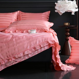 Bedorm Satin Comforter Set 8 Pieces Silk Like Silky Bedding Set Pink Stripes Pattern Rich Luxury Silky Comforter with Satin Sheet Set King Size Bed in A Bag