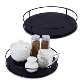 [ 2 Pack ] 9" & 10" Black Wood Lazy Susan Organizers with Steel Sides, Lazy Susan Turntable for Cabinet, Kitchen Turntable Storage for Table, Countertop, Pantry