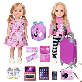 14-Inch-Girl-Doll-Travel-Suitcase-Play-Set Doll- Clothes- Accessories Including Luggage Cute Backpack 2 Sets of Doll-Clothes- Shoes Camera Computer Phone Tablet Passport ARTST (14 inch)