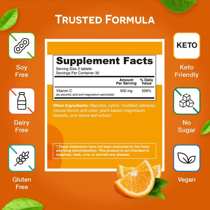 EZ Melts Dissolvable Vitamin C 500 mg, Sugar-Free, 1-Month Supply