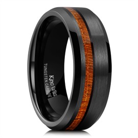 King Will 8mm Wood/Red Opal/Gold Foils Inlaid Black Tungsten Carbide Rings Wedding Band Brushed Hammered Men’s Engagement Ring Comfort Fit for Men Women, 12, Tungsten, No Gemstone