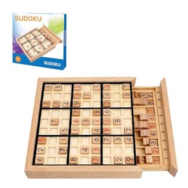 Wooden Sudoku Puzzle Board Game Set with Drawer, 9x9 Math Brain Teaser Desktop Game, Natural Beechwood Logic Thinking Training Toy for Adults and Kids