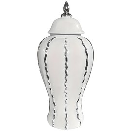 Elegant Silver Banded Porcelain Ginger Jar with Lid - Handcrafted Ceramic Vase for Home Decor, Flower Arrangement & Storage, 11.81in