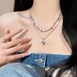 GIGB PBDK Boho Blue Butterfly Crystal Layered Choker Necklace, Sparkling Dainty Gemstone Fine Chain Necklace, CZ Adjustable Beach Holiday Jewelry Gift for Women (Silver)