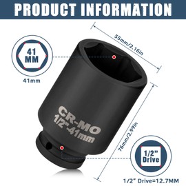 TYBYBB Socket Spanner Insert Hexagonal 41 mm Nut 1/2 Inch Hexagonal Power Nut Made of CV Steel, Hexagonal Socket Spanner, Socket Wrench Insert for Impact Wrenches Torque Wrench (78 mm Length)
