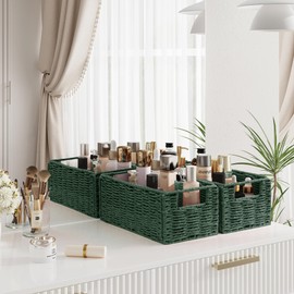 Vagusicc Wicker Storage Basket, Set of 2 Hand-Woven Paper Rope Wicker Basket, Small Storage Baskets for Organizing Toilet Paper, Foldable Small Cube Organizer Bins for Shelves and Bathroom (Green)