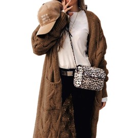 ZIWOCH Women's Long Cardigan Coats Cable Knit Casual Open Front Long Sleeve Loose Sweater with Pockets Brown