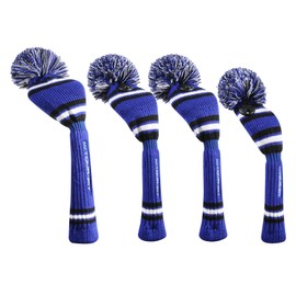 Golf Club Headcover | Tour Fit Double Layer Pom Pom Premium Knitted Golf Head Cover | Driver, Fairway, Rescue | Set of 3 or 4| Blue/Black/White (Set of 4 Covers)