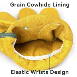 OZERO Leather Work Gloves Flex Grip Tough Cowhide Gardening Gloves for Wood Cutting/Construction/Truck Driving/Garden/Yard Working for Men and Women 1 Pair (Yellow,S)