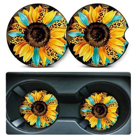 Car Coasters for Cup Holders,2 Pack Sunflowers Leopard Car Cup Holder Coasters,2.75" Universal Size Anti Slip Rubber Mat,Sunflowers Gifts for Women,Mom,Her,Wife,Girlfriend