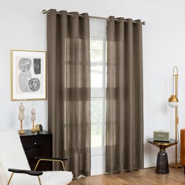 Melodieux Brown Semi Sheer Curtains 96 Inches Long for Living Room, Bedroom Faux Linen Light Filtering Grommet Privacy Sheer Drapes, 52 by 96 Inch, 2 Panels