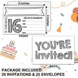 seclate 16th Birthday Invitations, 25 Double-Sided Invitation Cards with 25 Envelopes, Black and White Birthday Party Decoration Supplies - E04