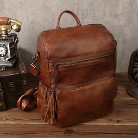 PAHVRION Laptop Backpack For Women,Genuine Leather Polished Bag,Convertible Shoulder Bag,Fashionable Tassel Design Travel Bag