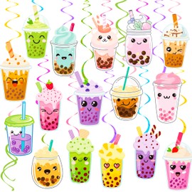 Bubble Tea Theme Hanging Swirls Boba Tea Birthday Party Decorations Bubble Milk Tea Party Hanging Foil Whirls Ceiling Streamers Decoration for Boba Tea Theme Birthday Party Pearl Tea Party Supplies