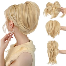 SEGO Claw Clip Short Ponytail Extension Messy Bun Hair Piece With 4 Bendable Metals DIY Synthetic Fake Hair Bun For Women 8 Inch-#86H613 Light Blonde/Bleach Blonde